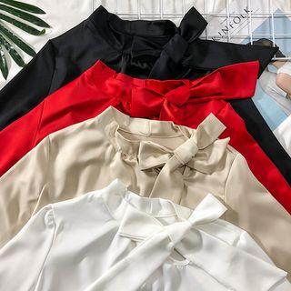Ribbon-neckline Satin Blouse