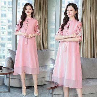 Elbow-sleeve Embroidered Chiffon A-line Dress