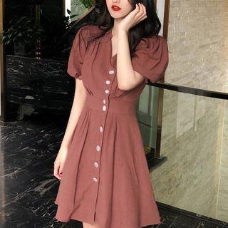 Puff-sleeve Ruffled Plain A-line Dress