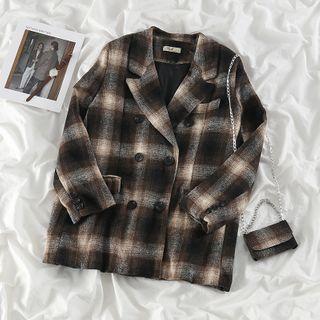 Double Breasted Plaid Coat Black & Brown - One Size