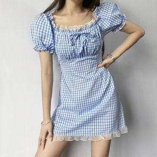 Puff-sleeve Lace Trim Gingham Mini A-line Dress