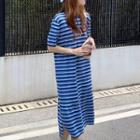 Short-sleeve Slit Striped Midi Knit Dress