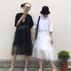 Print Mesh Panel Short-sleeve Loose-fit Dress