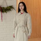 Puff-shoulder Belted Long Trench Coat Beige - One Size