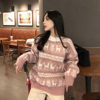 Deer Print Sweater / Plain Cropped Straight Leg Pants