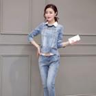 Set: Sleeveless Blouse + Denim Long-sleeve Top + Jeans