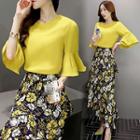 Set: Plain Bell-sleeve Top + Floral Print Midi Skirt