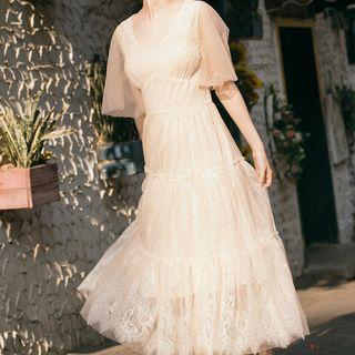 Puff-sleeve Maxi Lace Dress