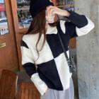 Two-tone Collared Cardigan Blue & Beige - One Size
