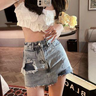 Ruffle Cropped Camisole Top / Denim Mini Pencil Skirt