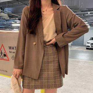 Double Breasted Blazer / Plaid A-line Mini Skirt / Spaghetti Strap Top