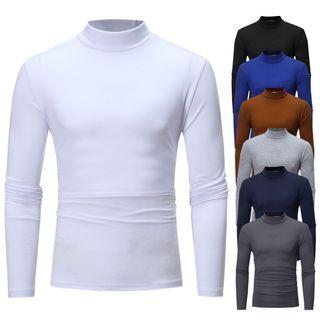 Plain Long-sleeve Mock-neck T-shirt