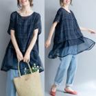 Short-sleeve Plaid Panel Sheer Top Navy Blue - One Size