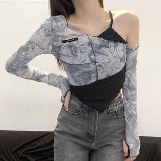 Mock Two-piece Cold-shoulder Asymmetrical Mesh Crop Top