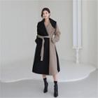 Wide-lapel Two-tone Long Coat With Sash Beige & Black - One Size