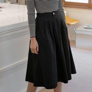 Pocket-side Pleated Midi Flare Skirt