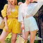 Set: V-neck Cutout 3/4-sleeve Top + High Waist Shorts