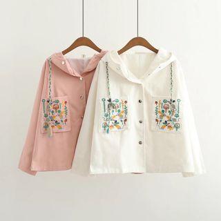 Embroidered Hooded Button Jacket Pink - One Size