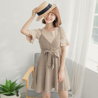 Set: Short-sleeve Ruffle Cuff Blouse + Plaid V-neck Mini Pinafore Dress