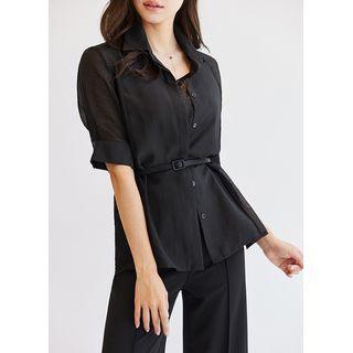 Elbow-sleeve Hidden-button Sheer Shirt