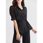 Elbow-sleeve Hidden-button Sheer Shirt
