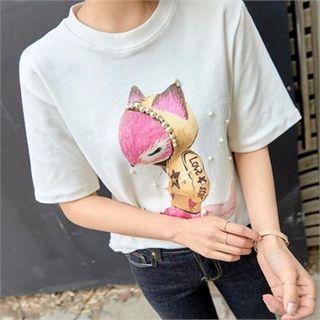 Faux-pearl Trim Printed T-shirt