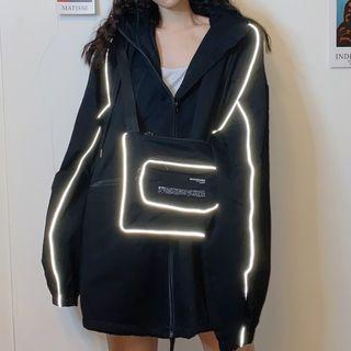 Set: Contrast-lining Hooded Zip Jacket + Crossbody Bag