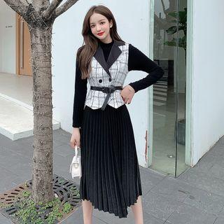 Set: Double Breasted Plaid Vest + Pleated Skirt
