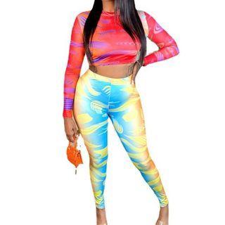 Set: Print Long-sleeve Crop Top + Two-tone Skinny Pants