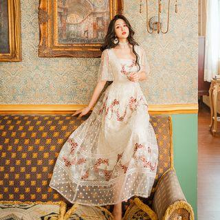 Short-sleeve Embroidered Midi Mesh Dress