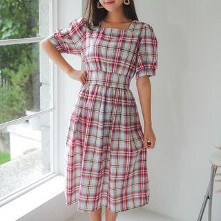 Puff-sleeve Plaid A-line Dress