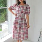 Puff-sleeve Plaid A-line Dress