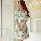 Elbow-sleeve Floral Lace A-line Mini Dress