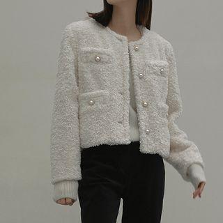 Faux-pearl Button Faux-fur Jacket Ivory - One Size