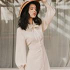 Long-sleeve Lace Trim Midi A-line Shirt Dress