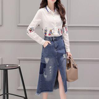 Set: Printed Long-sleeve Shirt + Distressed Midi Denim Skirt