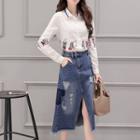 Set: Printed Long-sleeve Shirt + Distressed Midi Denim Skirt