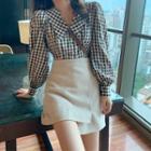 Long-sleeve Checked V-neck Blouse