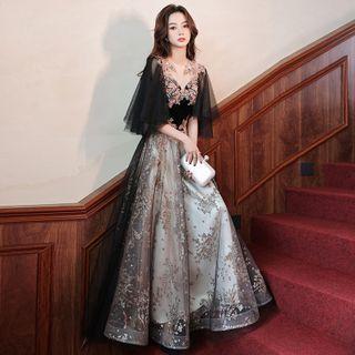 Short-sleeve Flower Embroidered Sequined Sheath Evening Gown