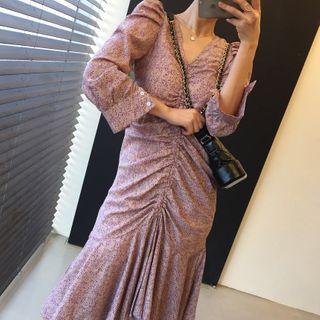 Puff-sleeve V-neck Floral Drawstring Loose Fit Dress