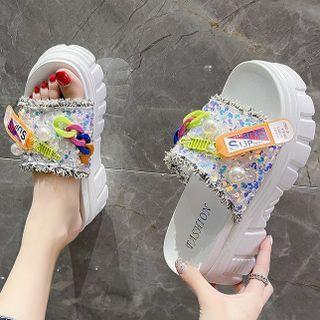 Platform Embellished Sequined Slide Sandals