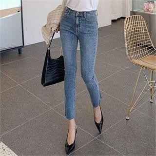 Cut-hem Slim-fit Washed Jeans