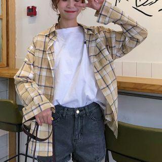 Long-sleeve Plaid Button-up Shirt Khaki - One Size