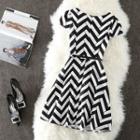 Short-sleeve Chevron Print Mini A-line Dress