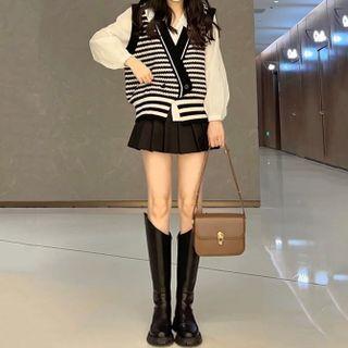 Set: Striped Double-breasted Sweater Vest + Long-sleeve Shirt + Mini Pleated Skirt