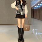 Set: Striped Double-breasted Sweater Vest + Long-sleeve Shirt + Mini Pleated Skirt