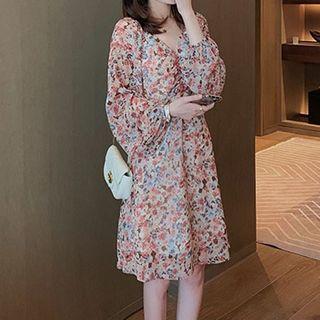 Long-sleeve Floral Print V-neck Dress