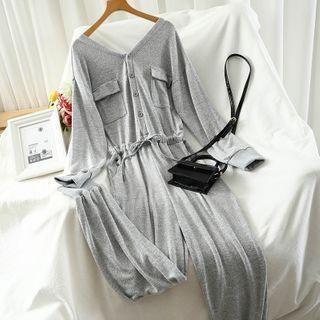 Long-sleeve Buttoned Drawstring Jumpsuit