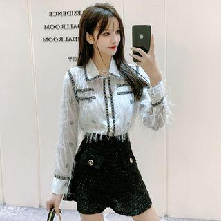 Set: Long-sleeve Sequined Shirt + Mini Tweed Skort