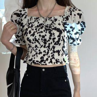 Puff-sleeve Printed Chiffon Crop Top